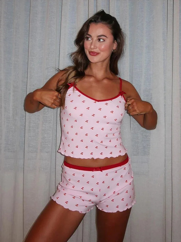2026 New women's two-piece set of cherry printed sleeveless vest shorts soft and comfortable home suit set sweet pajamas Y2K Hot