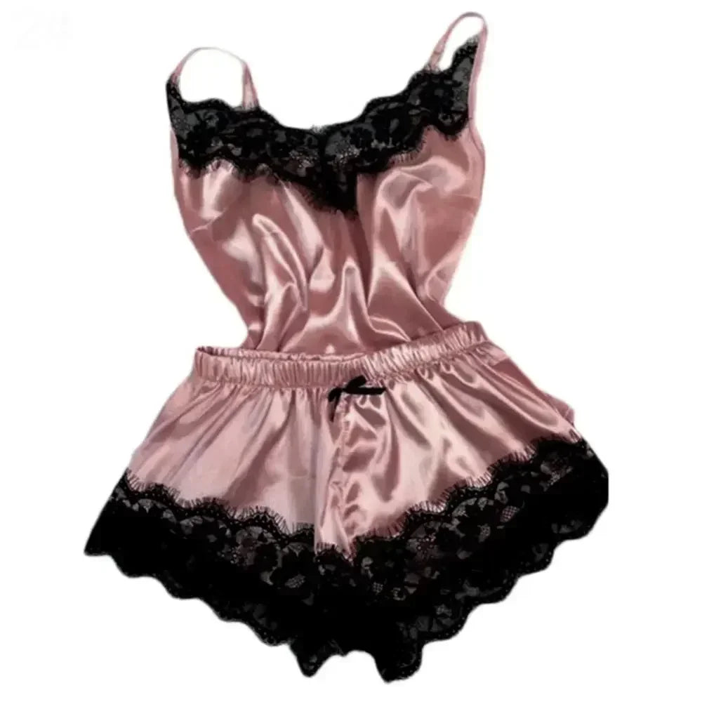Summer Lace Silk Pajama Set Women Sleepwear Sexy Lingerie Camisole Shorts Cami Top Comfortable Casual Pijamas