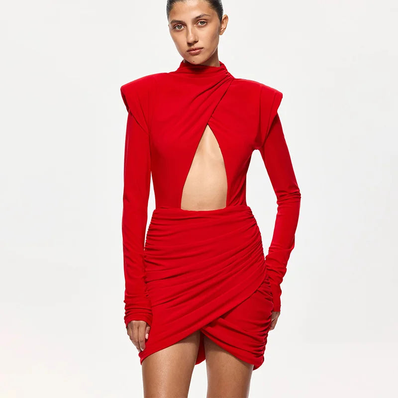 Ahagaga Eelgant Fashion Dresses For Women Solid Zipper Sheath Pleated Hollow Out Regular Long Sleeves Turtleneck Shoulder Pad