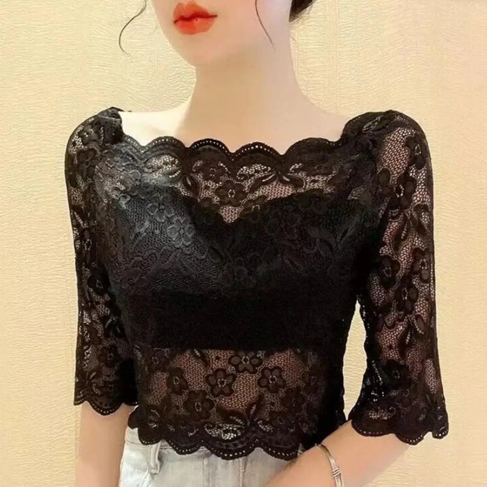 Women Summer Cropped Tops See-through Embroidery Lace Top One-word Collar Half Sleeve Blouse Pullover Tops