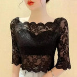 Women Summer Cropped Tops See-through Embroidery Lace Top One-word Collar Half Sleeve Blouse Pullover Tops