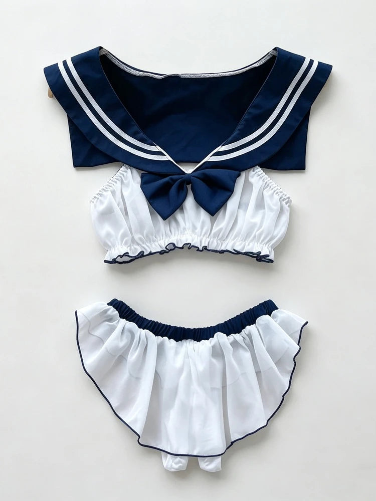 Women Sailor Collar Two-Piece Set Navy White Bow Decor Chiffon Fabric Casual Homewear Cosplay Costumes Daily Party Themed Event