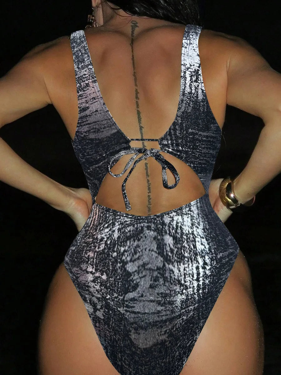 Golden Glitter Deep V Neck Female Swimwear One Piece Swimsuit Women Backless Monokini High Leg Cut Bathing Suit Swim Beachwear