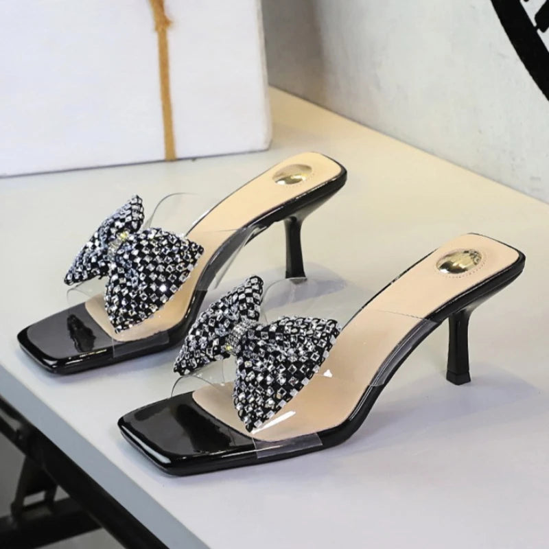 BIGTREE New Crystal Slippers Shoes Women Fine High Heels Transparent Sandals Female Slippers Sexy Outside Beaded Beach Shoes