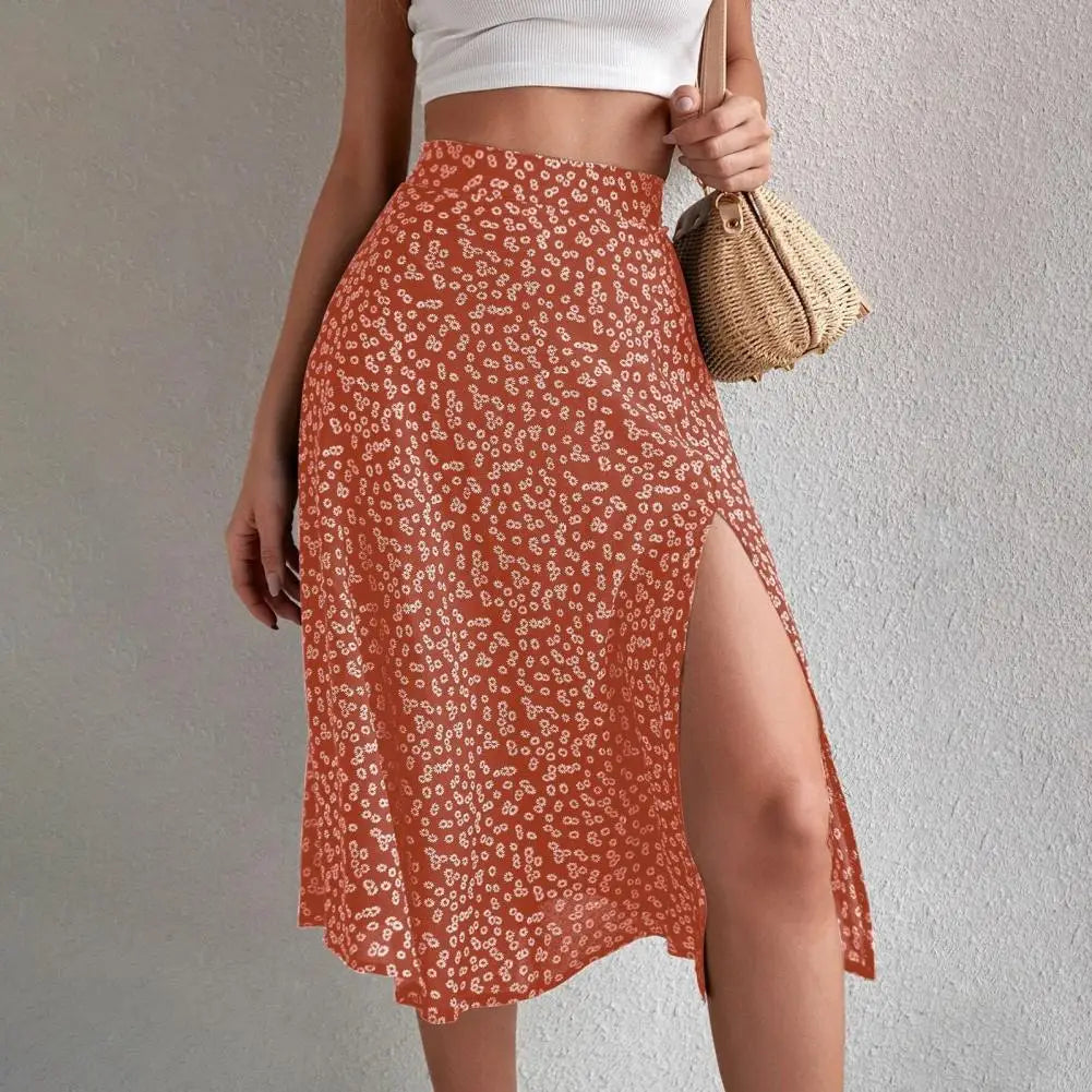 Women Summer Skirt Slit A-line High Waist Floral Print Loose Dress-up Elegant Breathable Lady Midi Skirt Female Clothes