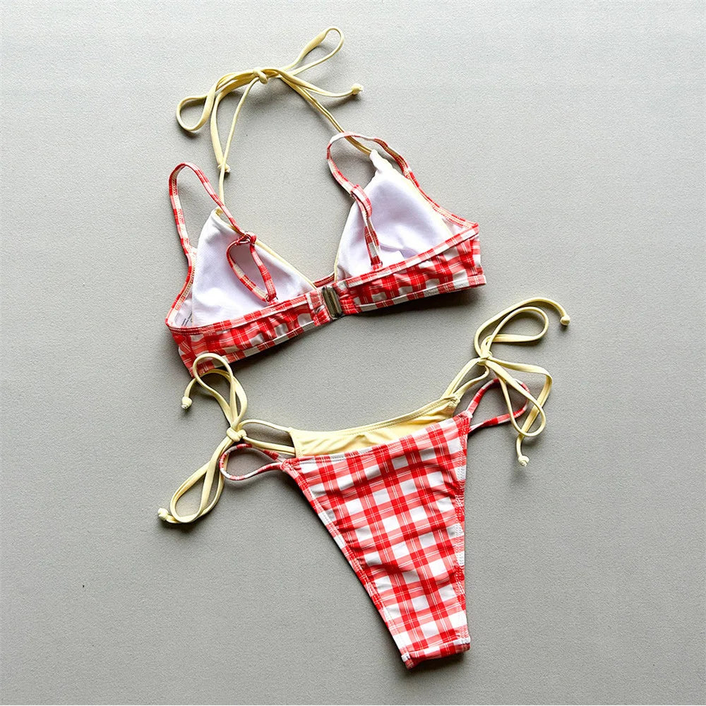 Red Plaid Print Patchwork Swimwear Sexy String Micro Thong Bikinis Sets Swimsuit Woman 2026 Bathing Suit Brazilian Bikini Mujer
