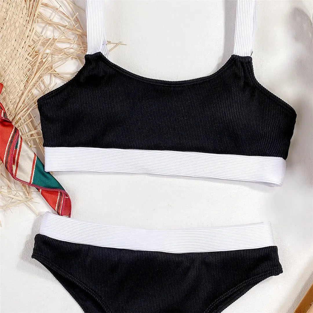 New Sexy Ribbed Splicing Female Swimsuit High Waist Bikini Women Swimwear Two-pieces Bikini Set Bather Bathing Suit Swim V2329