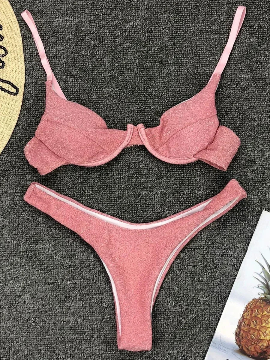 Glitter Sparkling Underwired V-Bar Bikini Women Swimsuit Female Swimwear Two-pieces Bikini Set Micro Thong Bathing Suit Swim