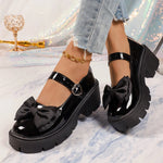 Women Bow Decor Platform Mary Jane Shoes Round‑Toe Ankle Strap Lug‑Sole PU Leather Black Glossy Sweet Casual Daily Shoes