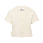 Women's Fashion Casual Structured Knit Jacket Women Beige V Neck Short Sleeve Textured Knit Cardigan Button Front Top Charm 17M0