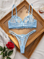 French Style Blue Lace Bra and Panties Set Women Sexy Eyelash Lace Underwear Transparent Mesh Two Piece Lingerie