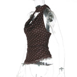 FDYOUI Women's Chic Polka Dot Tanks Top 2026 Summer Off Shoulder Lace Patchwork Corset Bandage Backless Crop Tops Streetwear