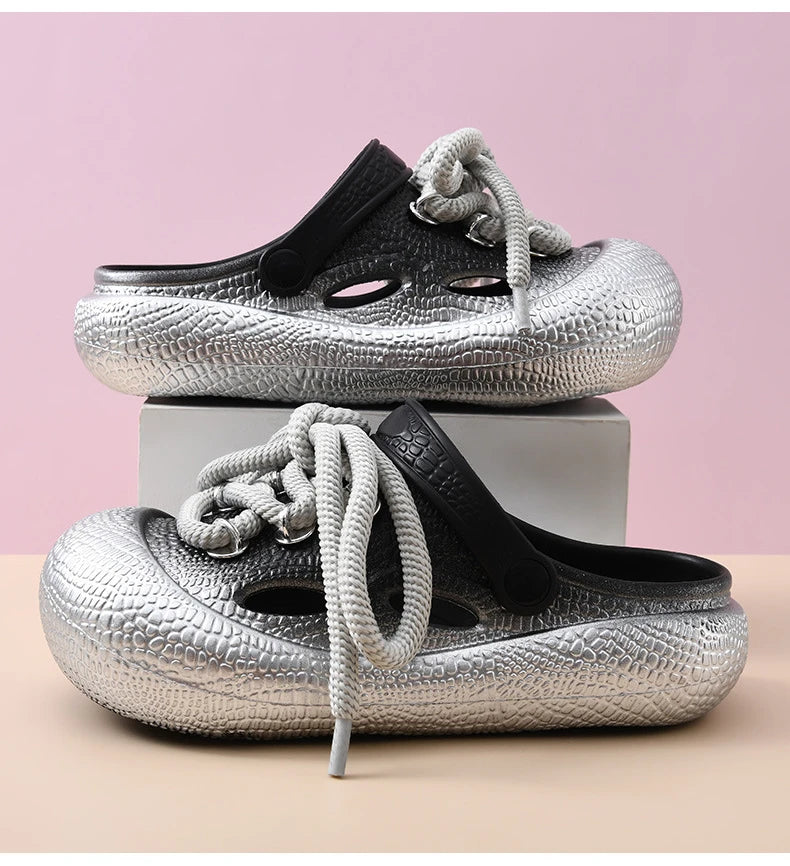 Plus Size Summer Platform Sandals For Women Men Home Street Garden Shoes Lace-up Style Silver Gold Clogs Couples Beach Slippers