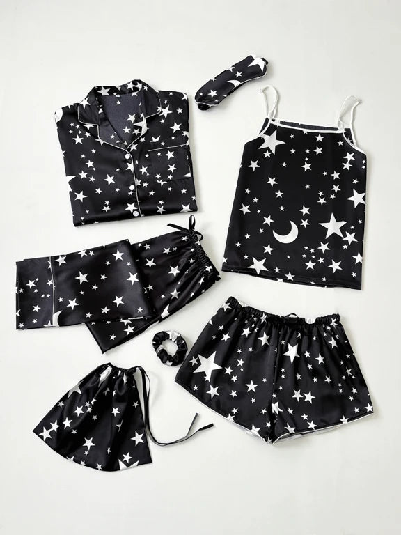 Luxurious women's starry sky print, leopard print satin pajama set, including pocket collar top, pants, shorts, adjustable shoul