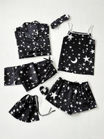 Luxurious women's starry sky print, leopard print satin pajama set, including pocket collar top, pants, shorts, adjustable shoul