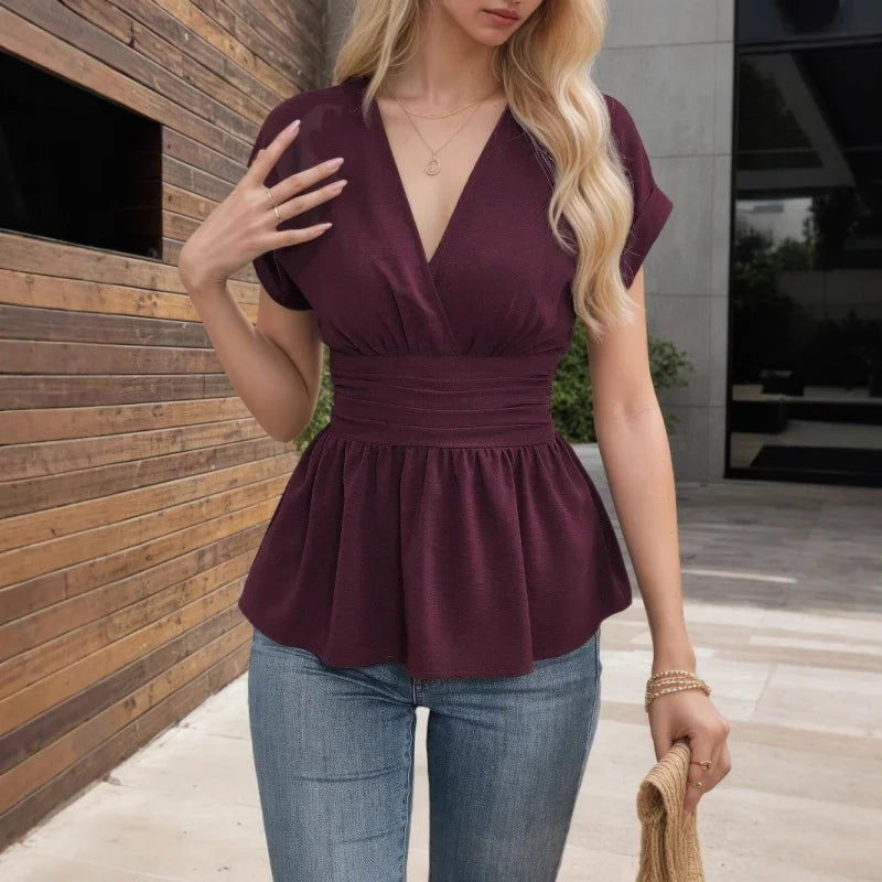 Summer V-Neck T-Shirt for Women Fashion Raglan Sleeve T-Shirt Casual Solid Color Multi-Color Women's Top