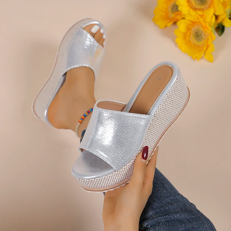 2025 Summer Chunky Platform Slippers for Women Pu Leather Wedges High Heel Sandals Woman Plus Size 36-43 Beach Sandles Female