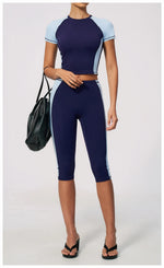 Color Blocking 2PCS Yoga Set Women's Tracksuit Short Sleeve O Neck Sports T Shirts High Waist Cropped Pants Tight Fitness Suits