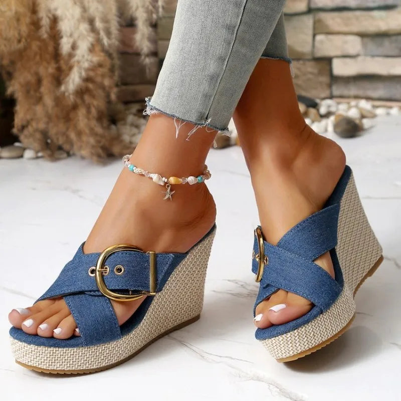 2026 Fashion Wedge Sandals for Women Buckle Decor Chunky Platform Slippers Woman Summer High Heels