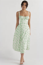 Sexy Low Cut Spaghetti Strap Maxi Dresses For Women Color Flower Printed Chest Wrap Bowknot Leace-up Long Dress Elegant Vestidos