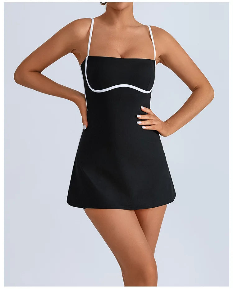 Women's Tennis Dress Summer Sleeveless Pink Contrast Workout Yoga Dresses Build in Shorts Fashion Tight Fitting Skirts Suit