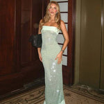 FDYOUI Luxury Bandage Sequins Evening Party Dresses for Women Sexy Strapless Off Shoulder Backless Split Slim Long Wedding Dress