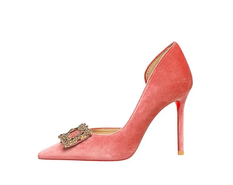 Women 10cm Super High Heels Pointed Toe Side Hollow Work Pumps Metal Crystal Buckle Velvet Stiletto Fashion Banquet Lady Shoes