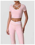 Summer Quick Drying Yoga Sets Women Black Patchwork Short Sleeve Cross Neck Sports Top High Waist Flared Pants Fitness Suits