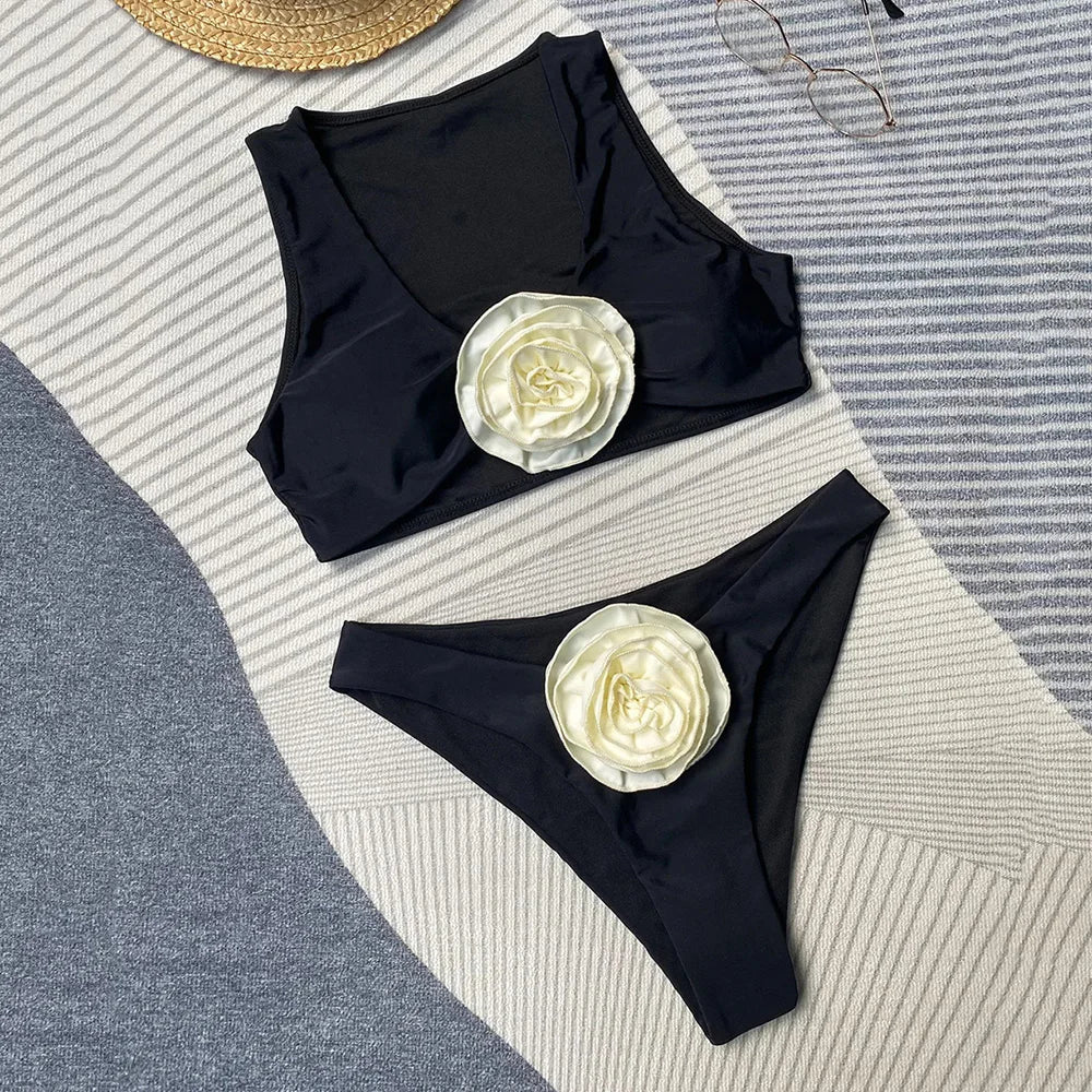 Sexy Black 3D Flower Bikinis Sets Holiday Solid Swimwear Women Swimsuits Bathing Suit Brazilian Bikini De Mujer 2026 Summer
