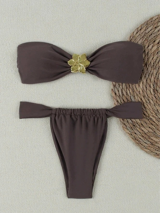 DEKA Tube Top Bikini Set Split Solid Color Swimwear Halter Neck Metal Accessories Swimsuit