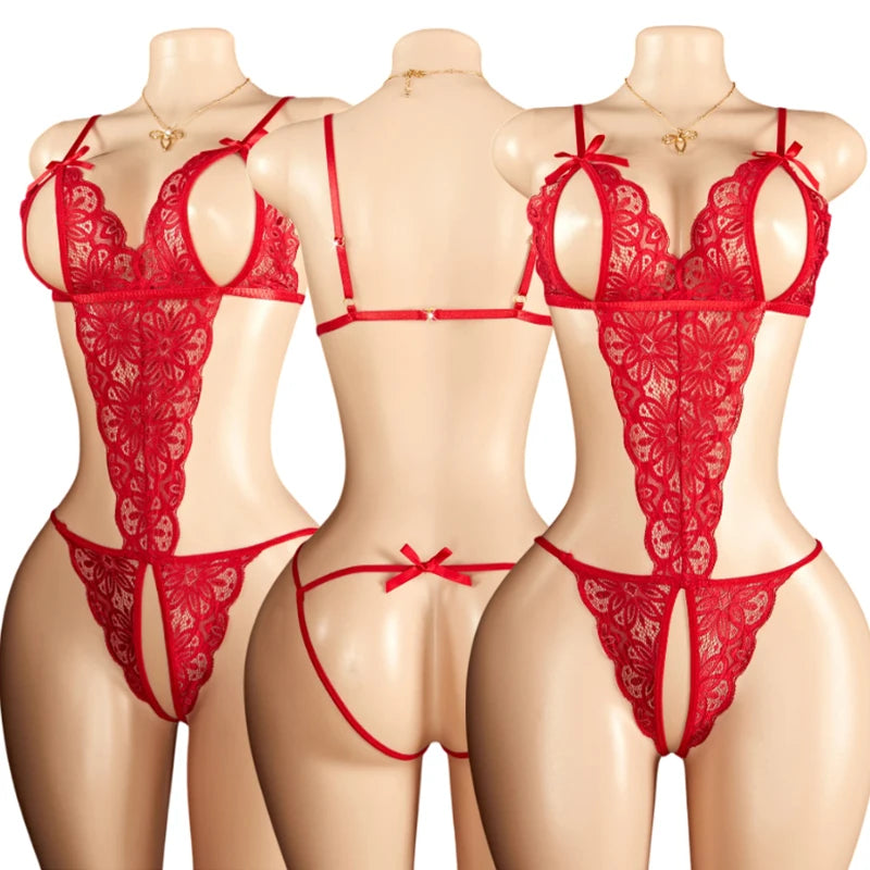 Sexy Red Crotchless Lingerie Open Back Bras BodySuits Transparent Erotic Costumes Deep VSexy Lace Fishnet Hollow Underwear Set