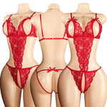 Sexy Red Crotchless Lingerie Open Back Bras BodySuits Transparent Erotic Costumes Deep VSexy Lace Fishnet Hollow Underwear Set