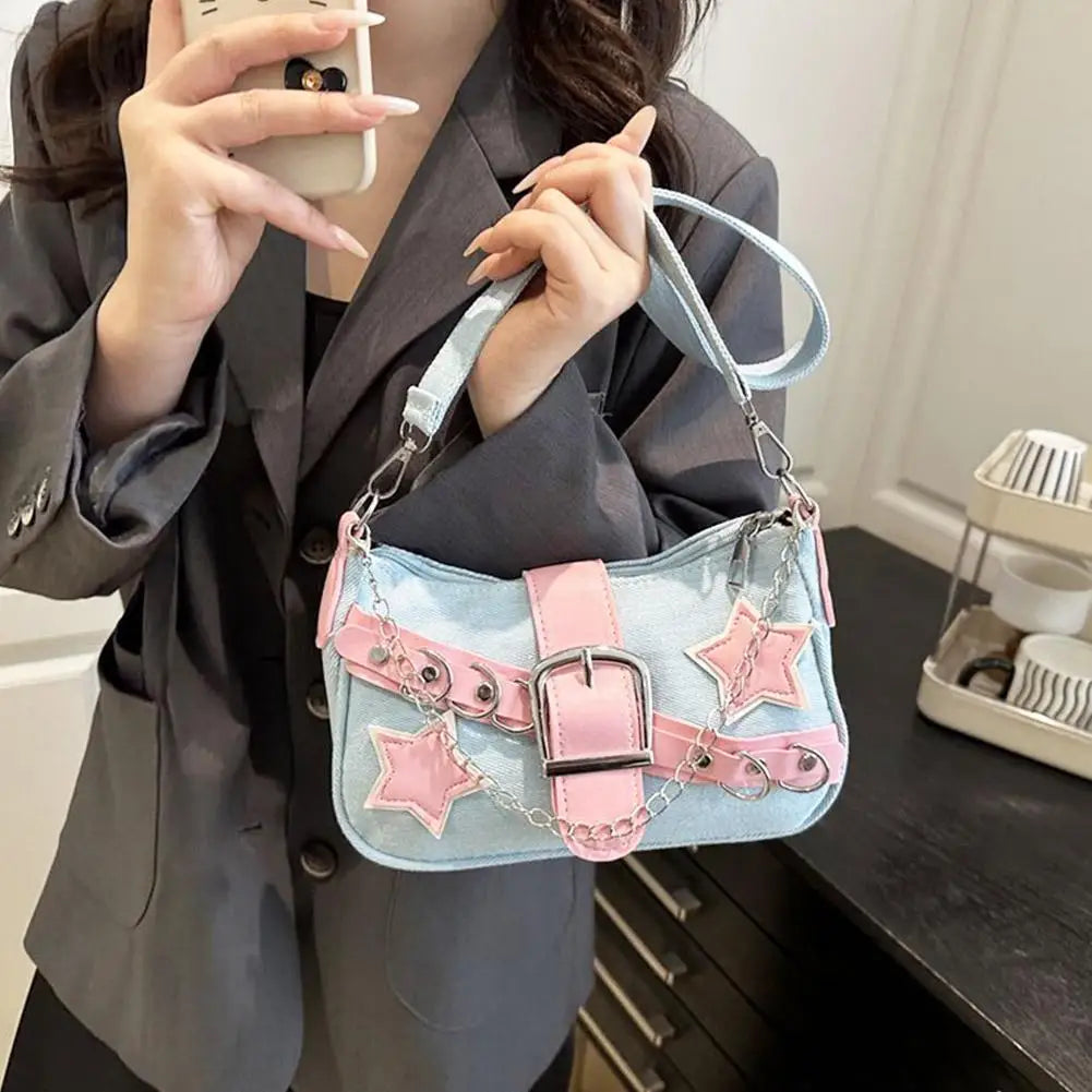 Fashion Women's Handbags Denim Stars Pattern Cool Girls Underarm Bag Female Small Shoulder Hobo Bags Chain Tote Bag