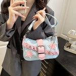 Fashion Women's Handbags Denim Stars Pattern Cool Girls Underarm Bag Female Small Shoulder Hobo Bags Chain Tote Bag