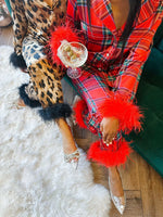 Women New Year Pajamas Set Christmas Party Loungewear Long Sleeve Feather Shirt Pants Sleepwear Santa Claus Night Wears Pyjamas
