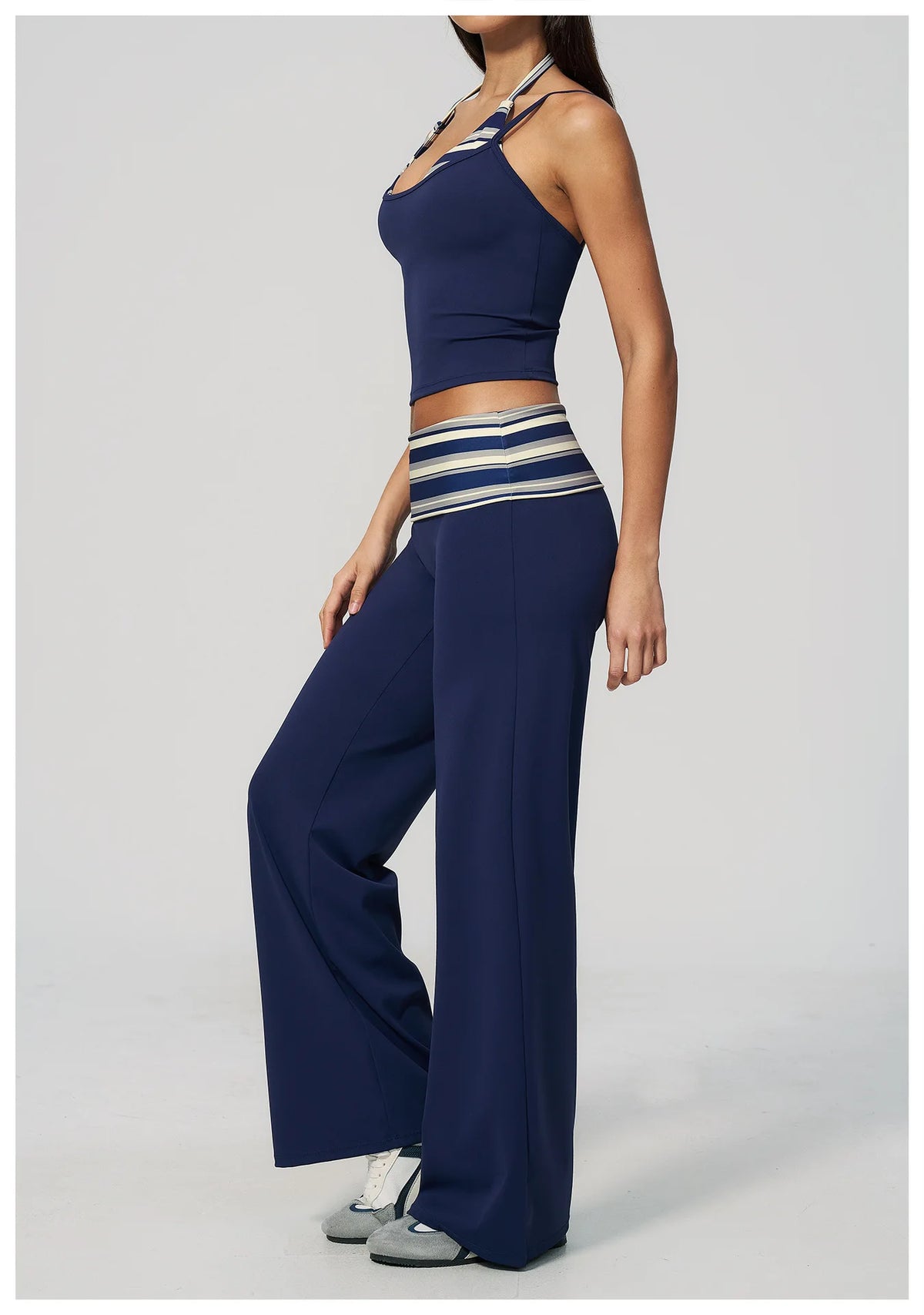 Women's 2 Piece Yoga Set Halter Neck Crop Top Fold Over Waist Wide Legged Flare Trousers Polka Dot Striped Gym Workout Running
