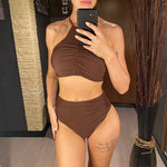 Halter Wrinkled High Neck Female Swimsuit High Waist Bikini Women Swimwear Two-pieces Bikini Set Bather Bathing Suit Swim V5616