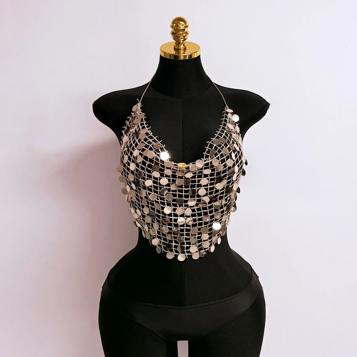 Women's Sequin Halter Tops Fashionable Sleeveless V Neck Open Back Crop Vest for Dance Disco Club Daily Wear