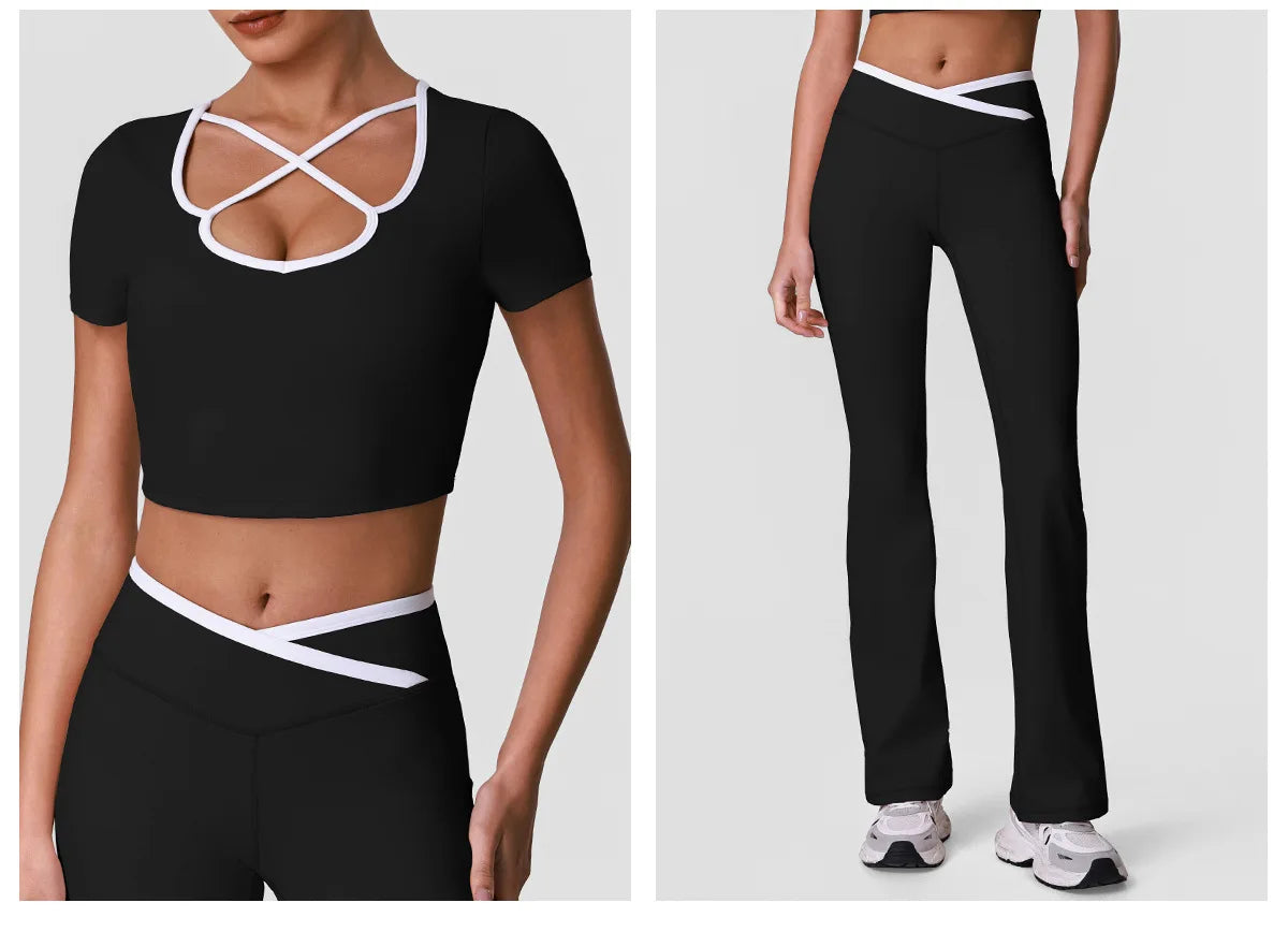 Summer Quick Drying Yoga Sets Women Black Patchwork Short Sleeve Cross Neck Sports Top High Waist Flared Pants Fitness Suits