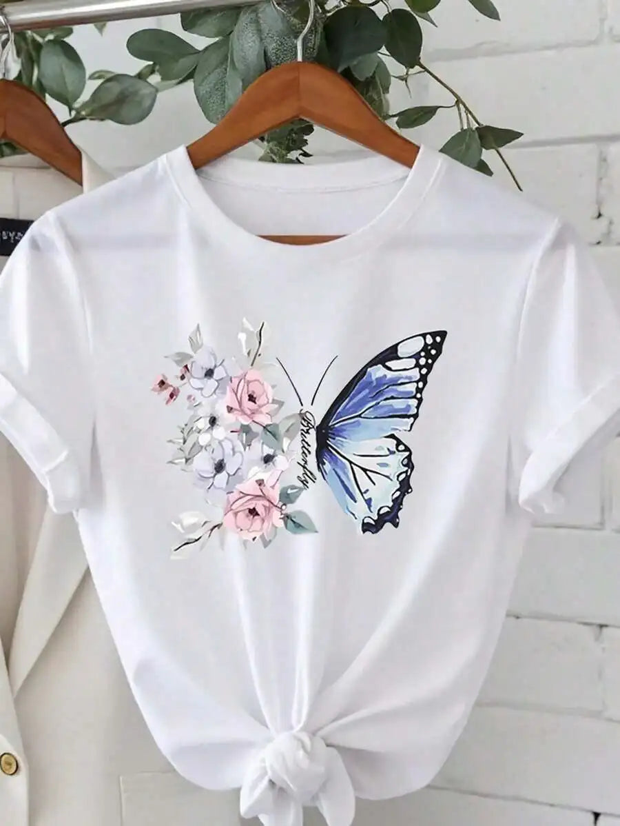 1-Piece Set--Women's Round Neck Chrysanthemum Floral Print T-Shirt Top, Fashion Anti-Wrinkle Cotton T-Shirt