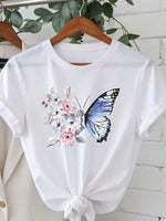 1-Piece Set--Women's Round Neck Chrysanthemum Floral Print T-Shirt Top, Fashion Anti-Wrinkle Cotton T-Shirt