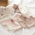 1 Pack Cute Bear & Strawberry Print Cotton Mid-Rise Panties Women's Comfort Underwear M-XL Grid & Striped Print Lingerie