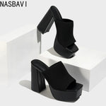 NASBAVI Summer Knitting Yarn Pleated Platform Rome Shallow Thick Bottom Peep Toe Thin Heels Women Sandals Slip-On Party Shoes
