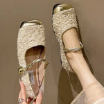 Elegant Solid Color Bling Mary Janes Shoes Women Spring Autumn Buckle Strap Party Flats Woman Shallow Square Top Shoes Lady