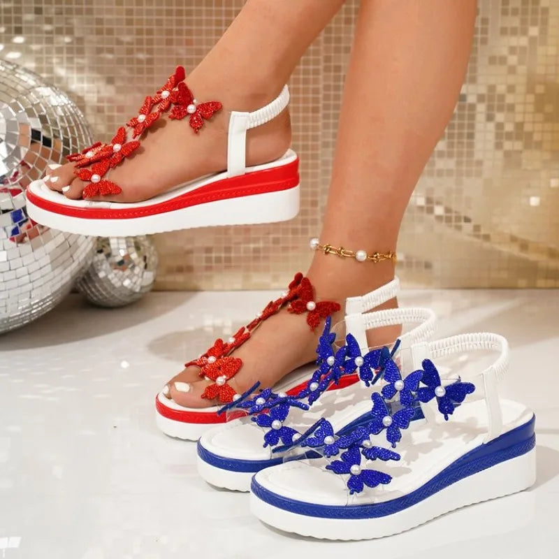 Summer 2026 Women's High Heels Sandals Wedges Shoes Woman Lightweight Elastic Band Rhinestone Butterfly Platform Sandals Women