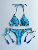 Sexy print women's bikini swimsuit split set with straps and tassels 2-piece set for summer beach swimsuit