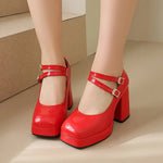 Women Silver Metallic Platform Mary Jane Shoes Double Rhinestone Buckle Chunky Block High Heels Y2K Vintage Square Toe Pumps