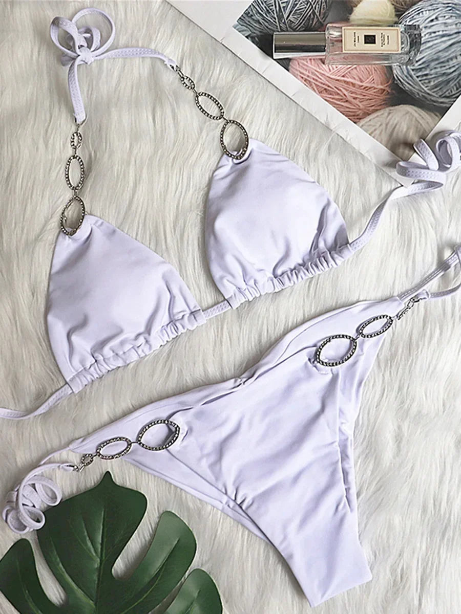 Halter Metal Chains Diamond Bikini Women Swimsuit Female Brazilan Swimwear Two Pieces Bikini Set High Cut Bathing Suit Swim Lady