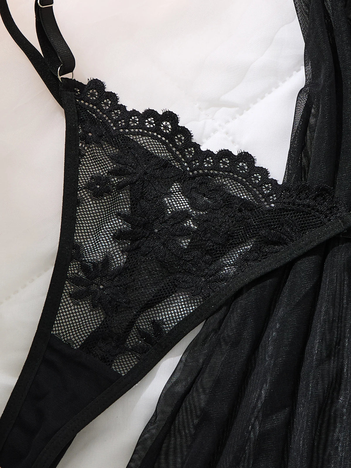 Black Daisy Floral Lace Sheer Mesh Babydoll Lingerie Set Slip Nightdress With Matching Thong Women Sexy Sleepwear ZA825096