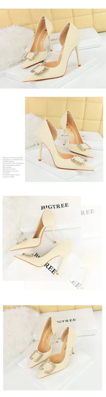 BIGTREE Pumps Elegant Pointed Crystal Buckle Slim High Heel Single Shoes Women Silk Spring/Summer High Heel Pumps Wedding Dress